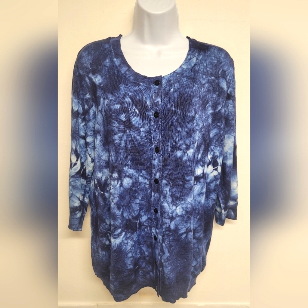 Gazelle Hause XL Button Down Sweater Tie Dye Blue Excellent Condition 3/4 Sleeve